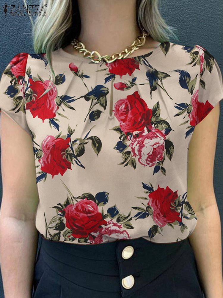 Romper Floral Print - ZANZEA 夏ボヘミアン半袖花柄プリントブラウス女性ヴィンテージホリデーパーティーシャツカジュアルビーチトップスチュニック Blusas 2024