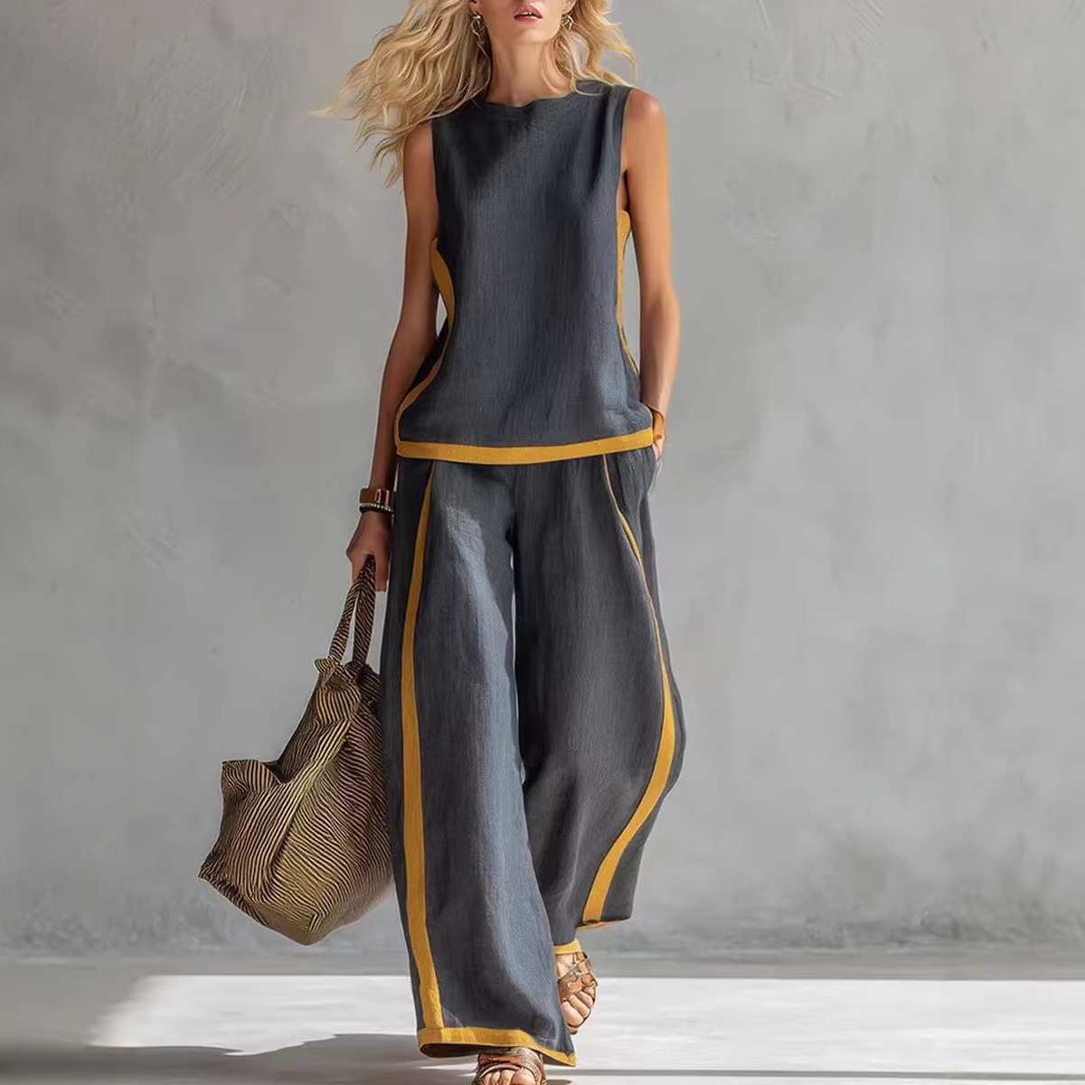 Linen Pant Wide - レディースリネン2ピースセット カラーブロック ノースリーブOネックタンクトップ ハイウエストワイドレッグパンツ ルーズカジュアルサマースーツ