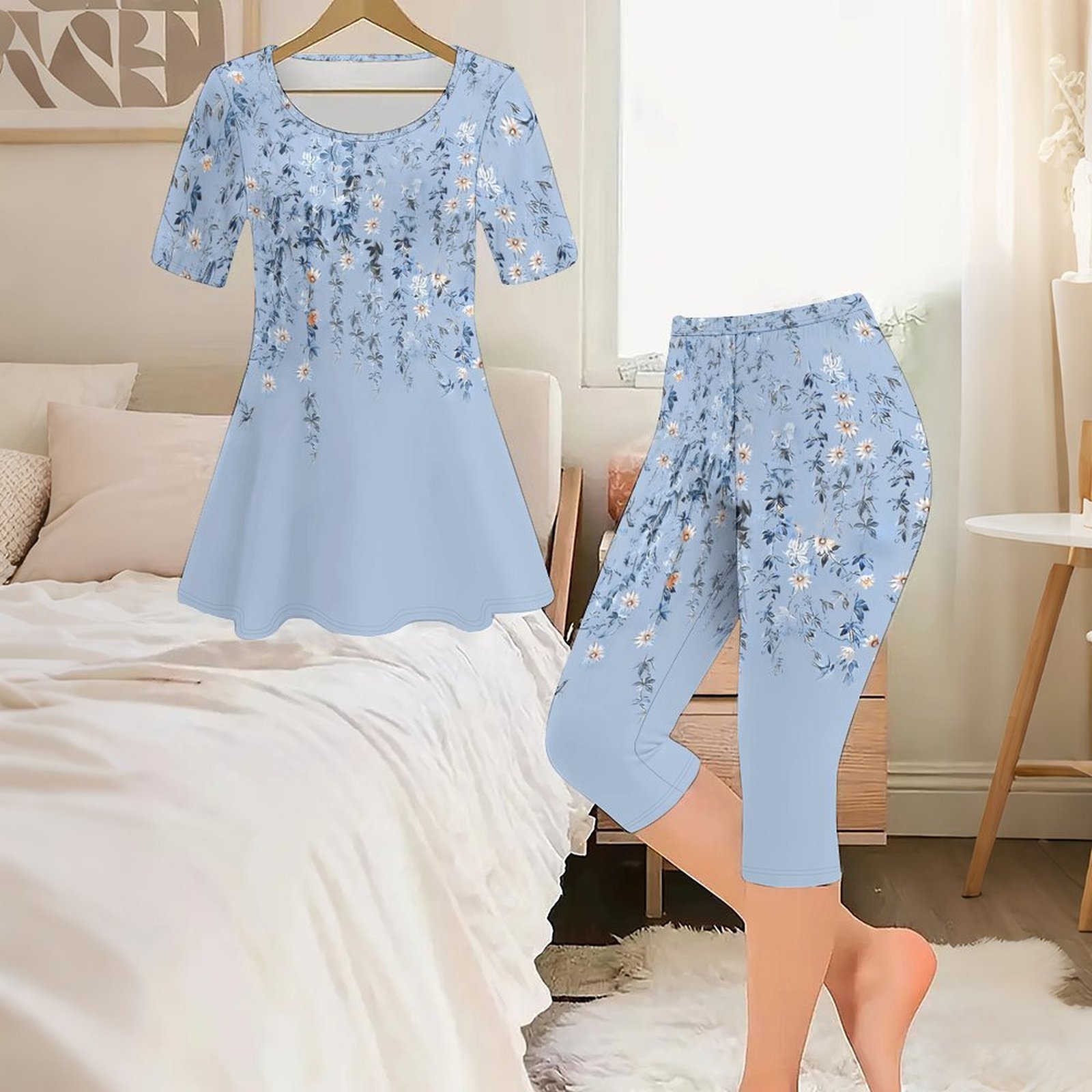 Romper Floral Print - 2ピース ヴィンテージプリント ツーピースセット レディース カジュアル 半袖