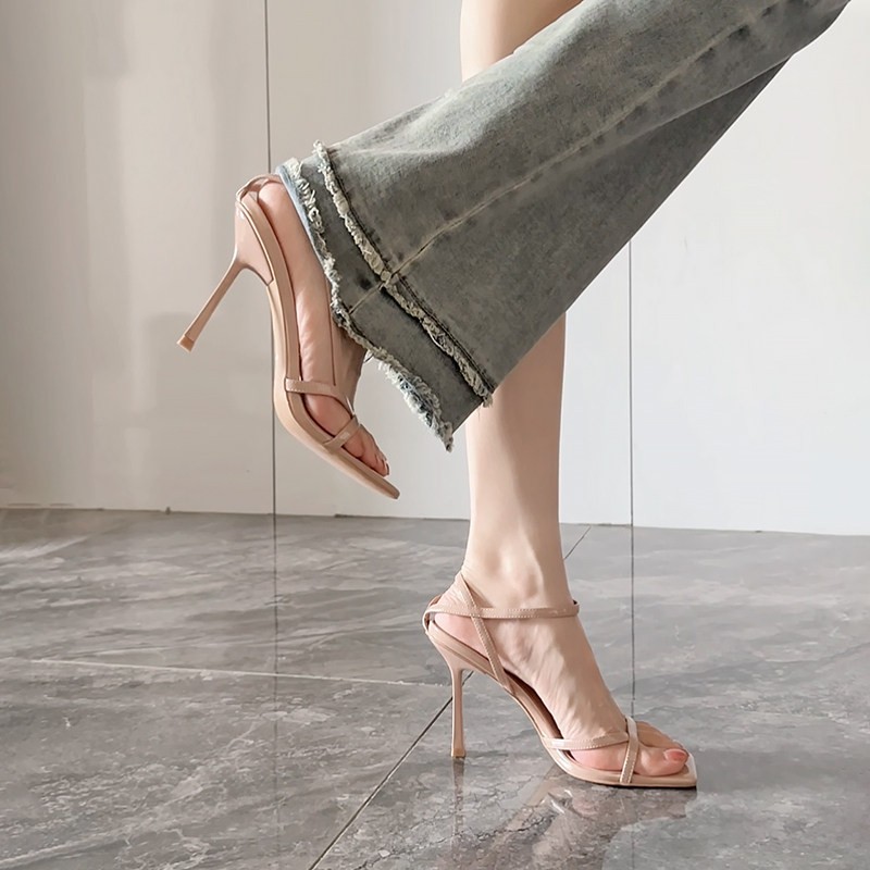 Sandal Strappy Heeled - スティレットサンダル レディース シャ ワンワードストラップ スクエアトゥ ハイヒール