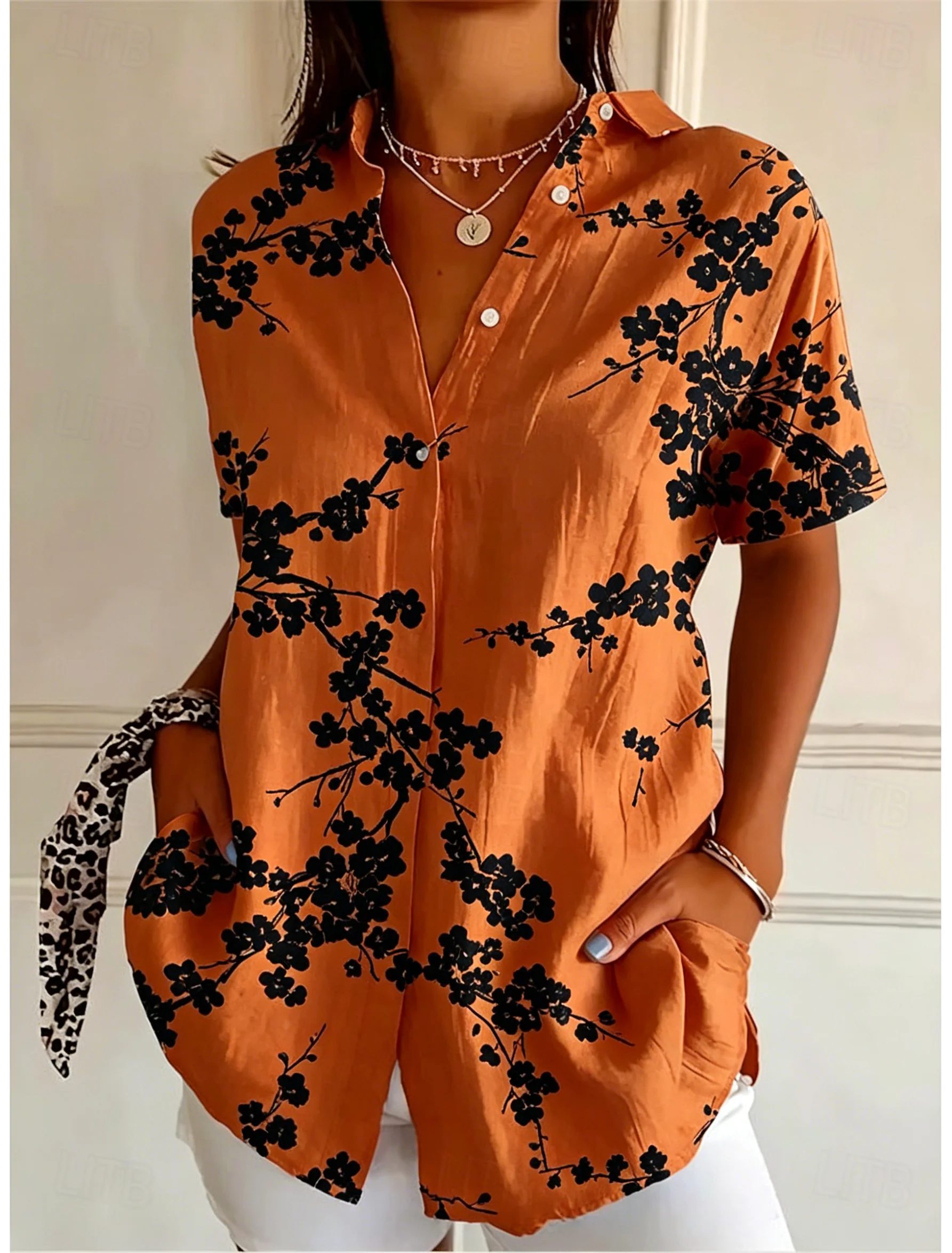 Romper Floral Print - レディース半袖花柄ボタンダウンカジュアルシャツ エレガントデイリーブラウストップス ブラウン 春夏用