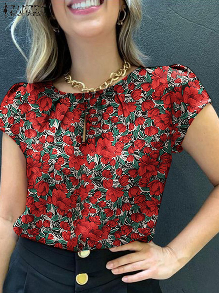 Romper Floral Print - Zanzea-女性のためのボヘミアンフローラルプリントブラウス、カジュアルプリーツデザイントップス、エレガントな半袖シャツ、女性の休日、夏