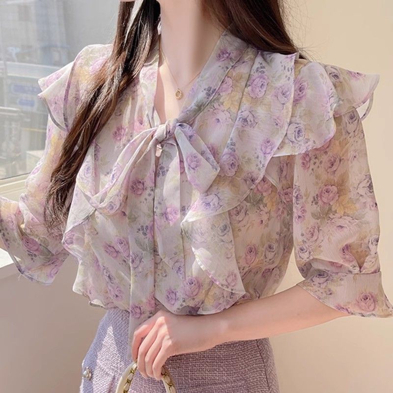 花柄ちょう結びシフォンレディース半袖夏フリル裾プリントブラウ - Romper Floral Print のレビューと価格