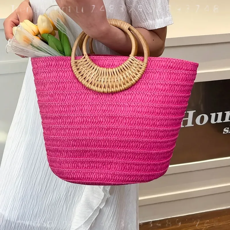 女性用夏用紙製トートバッグ 大容量 無地 丸型木製ハンドル  - Tote Bag Beach のレビューと価格