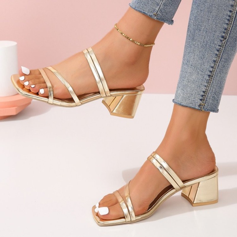 レディース ミュール オープン スクエアトゥ ローブロックヒ - Sandal Strappy Heeled のレビューと価格